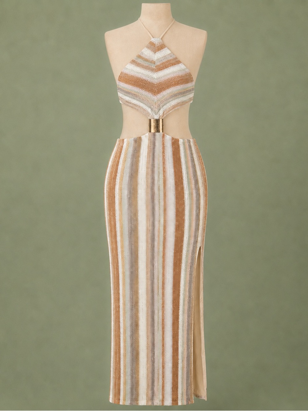 Striped Metallic Cutout Maxi Dress in Tan & Cream
